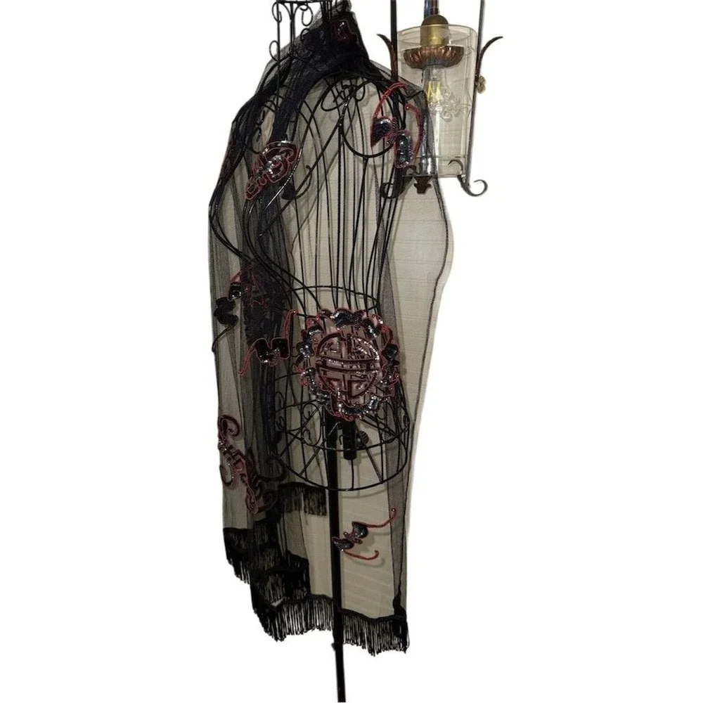 Etsy Women's Black Sheer Embroidered‎ Geometric Rectangle Scarf sequin fringe